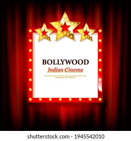 Indian bollywood cinema vector sign board. Illuminated banner bollywood movie film illustration
