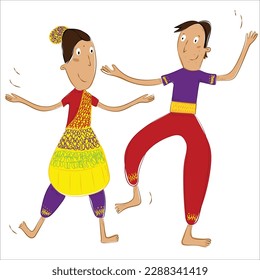 Indian Bollywood couple dancing vector. Indian dancers vector illustration.