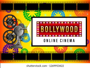 Indian Bollywood Online Cinema Banner for web yellow background design. Movie screen, poster with beautiful patterns in a circle, Realistic film projector