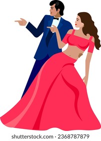 Indian bollywood wedding couple dancing Groom in dark blue suit Bride in red dress Vector