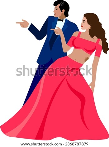 Indian bollywood wedding couple dancing Groom in dark blue suit Bride in red dress Vector