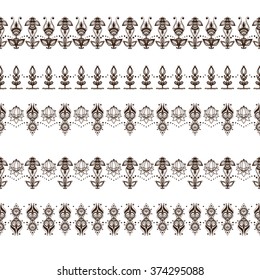 Indian border patterns, mehndi design, little hindu symbols, stylized decorative brown flowers isolated on white.