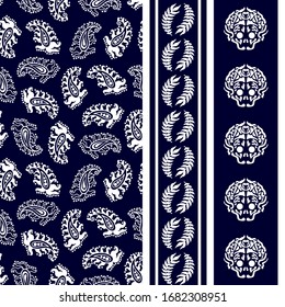 Indian borders set. Vertical ornaments with paisleys, skulls and floral elements. Retro textile collection. White on dark blue background.