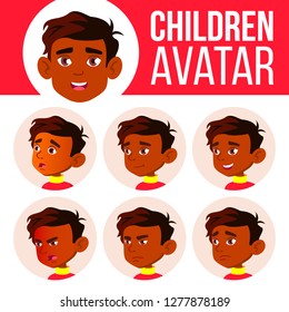 Indian Boy Avatar Set Kid Vector. Primary School. Face Emotions. Flat, Portrait. Active, Joy. Poster, Clipart. Cartoon Head Illustration
