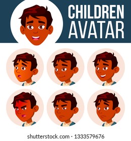 Indian Boy Avatar Set Kid Vector. High School. Face Emotions. People. Active, Joy Head Illustration