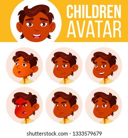 Indian Boy Avatar Set Kid Vector. Kindergarten. Face Emotions. Cartoon, Comic, Flat. Happiness Enjoyment, Small. Head Illustration