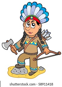 Indian boy with axe and bow - vector illustration.