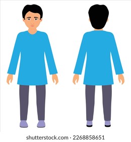 Indian boy Cartoon Characters Front And back view with kurta and pajama vector illustration.2D Character model sheet editable vector illustration Front and rear view