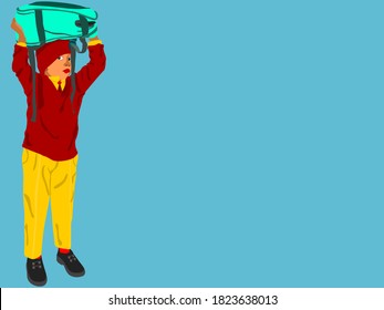 An indian boy cartoon holding school bag on head alone on blue background abstract art for educational concept.