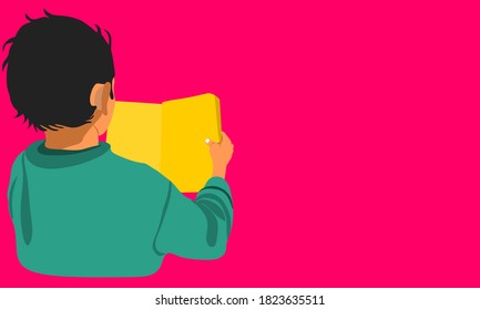 An indian boy cartoon reading text book alone on pink background abstract art for educational concept.