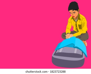 An indian boy cartoon reading text book sitting with school bag alone on yellow background abstract art for educational concept.