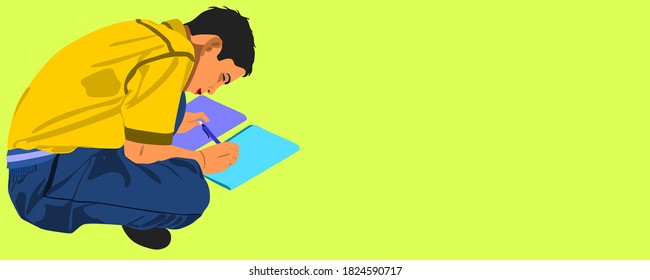An indian boy cartoon writing text on paper pad isolated on yellow background abstract art for educational concept.
