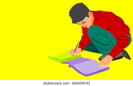 An indian boy cartoon writing text on paper copy alone on yellow background abstract art for educational concept.