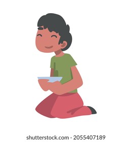 Indian Boy Character Sitting on the Floor with Bowl Having Meal Vector Illustration