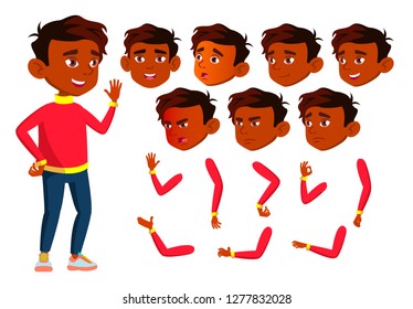 Indian Boy, Child, Kid, Teen Vector. Happy Childhood. Hindu. Face Emotions, Various Gestures. Animation Creation Set. Isolated Flat Cartoon Character Illustration
