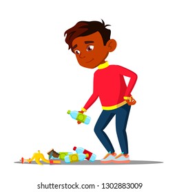 Indian Boy Collecting Empty Bottles Vector. Isolated Illustration