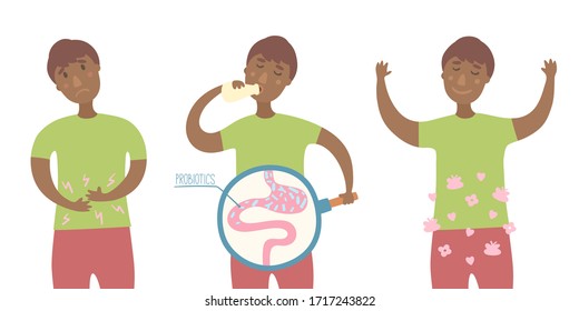 Indian boy drinking yogurt with probiotics bacteria in the gut. Probiotic through magnifying glass in flat style. Probiotic, lactobacillus vector in yogurt. Dairy contains lactobacillus bacteria