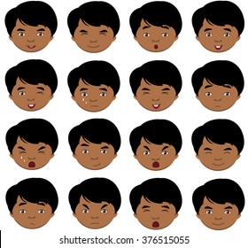 Indian boy emotions: joy, surprise, fear, sadness, sorrow, crying, laughing, cunning wink. Vector cartoon illustration