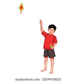 Indian Boy Flying Kite In Makar Sankranti Vector Illustration (Royalty Free)