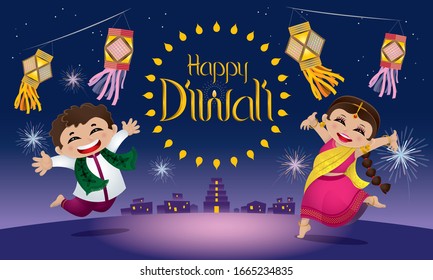 Indian boy and girl celebrating Diwali. With colorful fireworks and lanterns.
