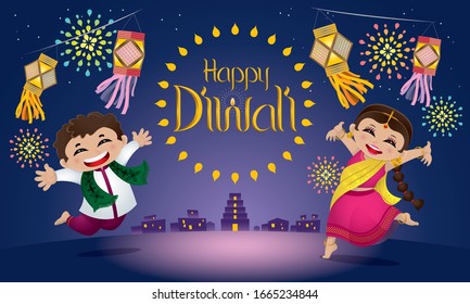 Indian boy and girl celebrating Diwali. With colorful fireworks and lanterns.