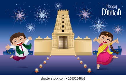 Indian boy and girl celebrating Diwali. With colorful fireworks, oil lamps and a Hindu temple.