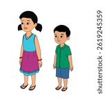Indian Boy and Girl Characters Vector, Cartoon brother and sister characters design Illustration, Indian girl, little boy, vector
