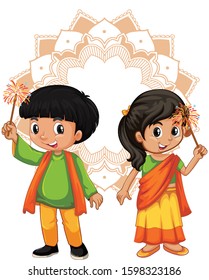 Indian boy and girl with mandala in background illustration