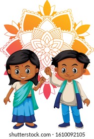 Muchacho y muchacha hindú con patrón de mandala en la ilustración de antecedentes