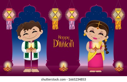 Indian boy and girl with oil lamps on their hands. With traditional Indian style corridor.