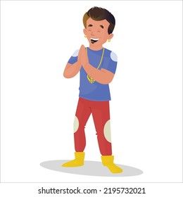 Indian boy with greet hands. Vector graphic illustration. Individually on a white background.