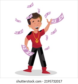 Indian Boy Is Happy And Flying Money In The Air. Vector Graphic Illustration. Individually On A White Background.