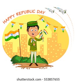 Indian boy hoisting flag of India in vector background