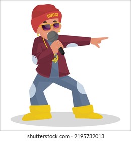 Indian boy is holding a mike in hand and singing songs. Vector graphic illustration. Individually on a white background.