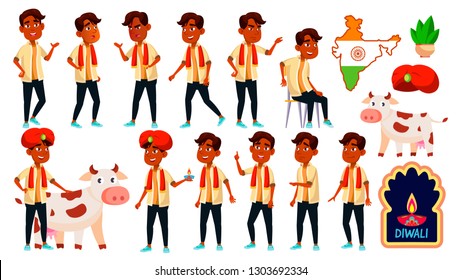 Indian Boy Kid Poses Set Vector. School Student. Graduation. Diwali, Holy, Cow. For Banner, Flyer, Web Design. Isolated Cartoon Illustration
