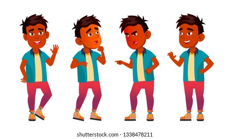 Indian Boy Kid Poses Set Vector. Primary School Child. Clever Positive Person. Casual Clothes. For Banner, Flyer, Brochure Design. Isolated Cartoon Illustration