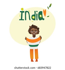 Indian boy, kid, teenager holding tricolor Indian flag in hands, cartoon vector illustration isolated on white background. Indian boy with national tricolor flag