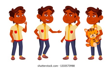 Indian Boy Kindergarten Kid Poses Set Vector. Preschool, Childhood. Friend. For Postcard, Cover, Placard Design. Isolated Cartoon Illustration
