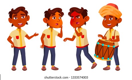 Indian Boy Kindergarten Kid Poses Set Vector. Little Child. Having Fun. Motherhood. For Advertisement, Greeting, Announcement Design. Isolated Cartoon Illustration