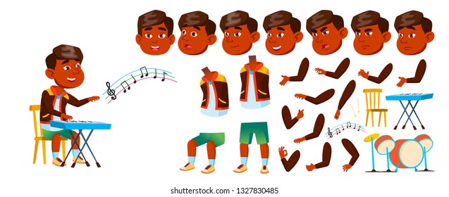 Indian Boy Boy Kindergarten Kid Vector. Animation Creation Set. Face Emotions, Gestures. Kiddy. Drums, Performance, Show, Artist. Announcement, Cover Design. Animated. Cartoon Illustration