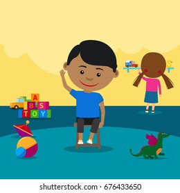 Indian boy in kindergrden sitting on a chair, vector illustration