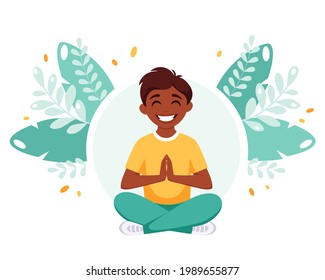 Indian boy meditating in lotus pose. Gymnastic, yoga and meditation for children. Vector illustration