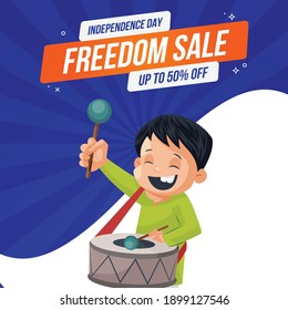 Indian boy is playing the drum. Independence day banner design. Vector cartoon illustration.