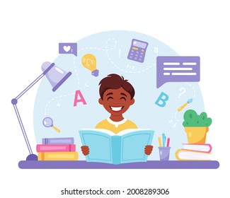 Indian boy reading book. Boy studying with a book. Vector illustration