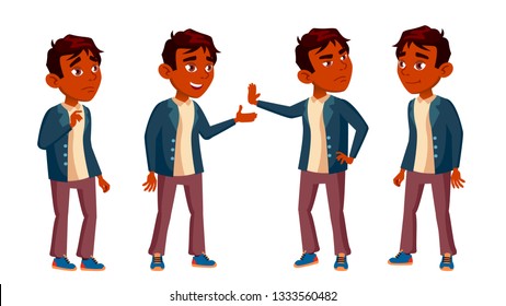Indian Boy Schoolboy Kid Poses Set Vector. High School Child. Teenage. Book, Workspace, Board. For Web, Brochure, Poster Design. Isolated Cartoon Illustration