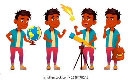 Indian Boy Schoolboy Set Vector. Primary School Child. Astronomy. Discover Planet. Student Activity. Educate. Kids, Positive. For Postcard, Announcement, Cover Design. Isolated Cartoon Illustration
