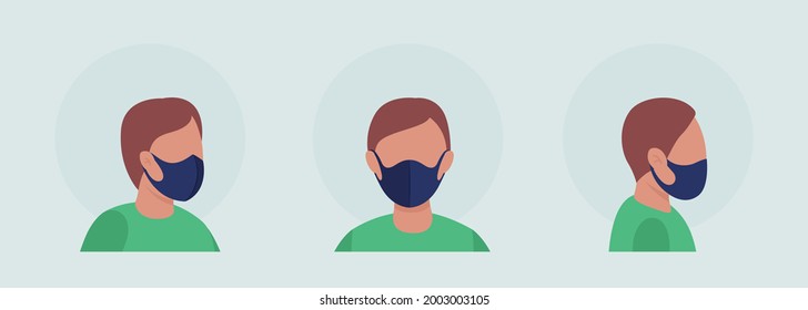 Indian boy semi flat color vector character avatar with mask set. Portrait with respirator from front and side view. Isolated modern cartoon style illustration for graphic design and animation pack