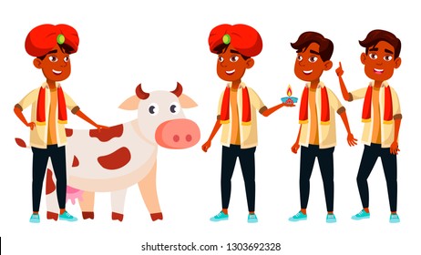 Indian Boy Set Vector. Diwali, Holy, Cow. For Presentation, Print, Invitation Design. Isolated Cartoon Illustration
