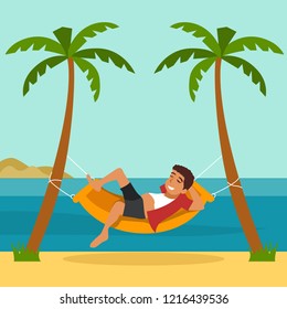 Indian Boy Sleeping With Hammock In The Beach