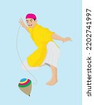 Indian boy spinning desi top toy, lattu, wearing shalwar kameez and cap, topi